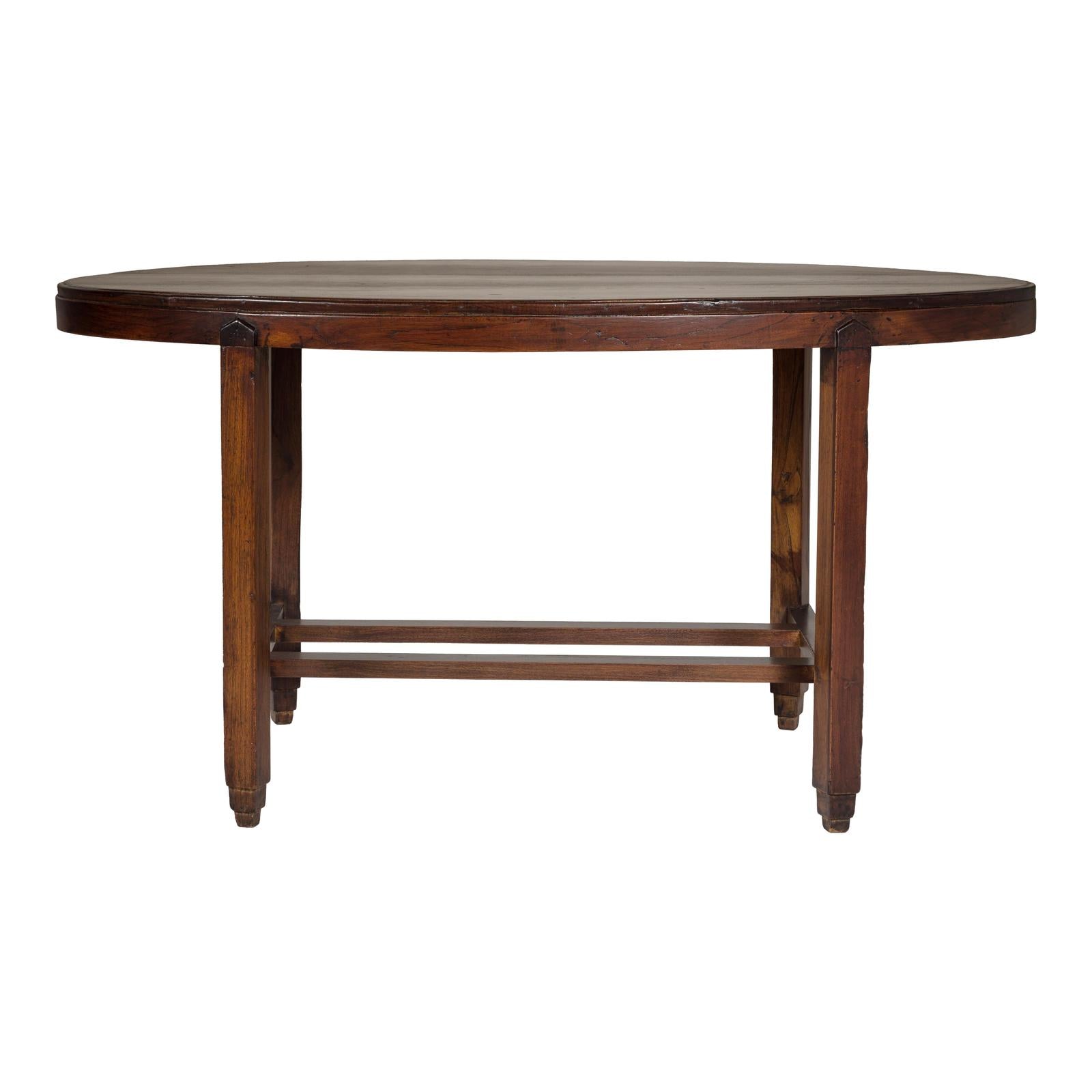 Oval Top Center Table with Inverted Stepped Pyramid Feet and Cross Stretcher