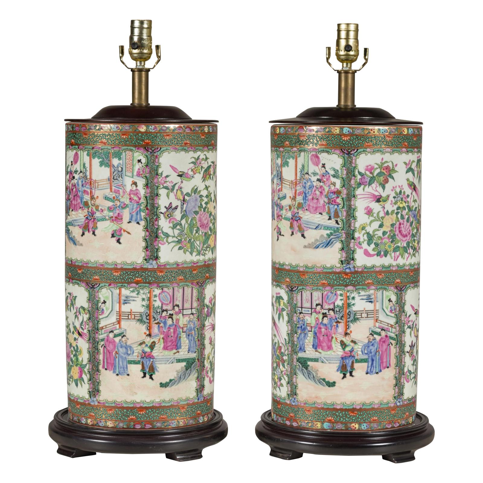 Pair of Round Hand-Painted Rose Medallion Table Lamps
