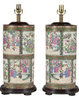 Pair of Round Hand-Painted Rose Medallion Table Lamps