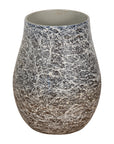 Close-up of white, brown, and blue ceramic planter vase with textured, crackled finish.