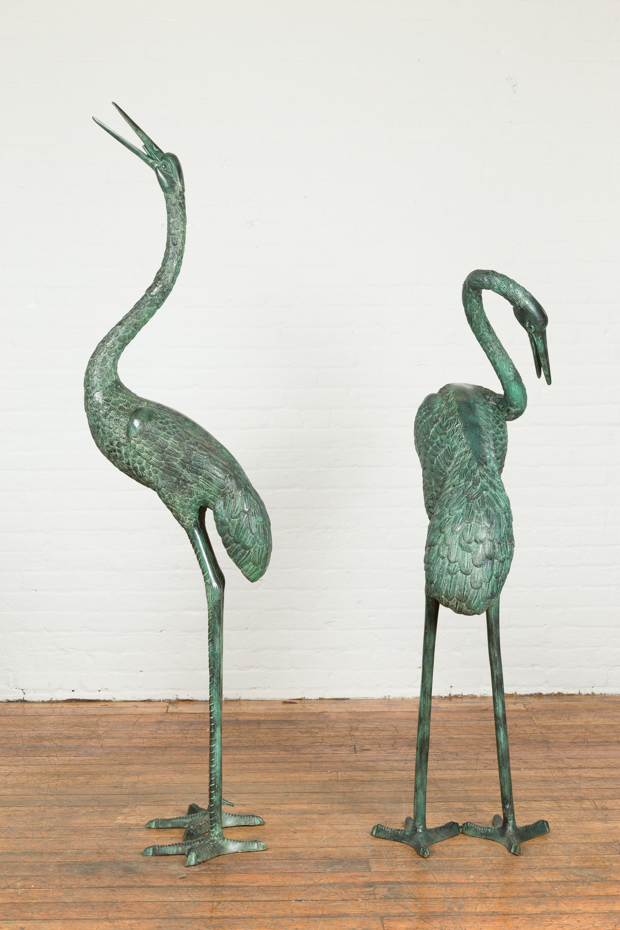 Pair of Dark Green Bronze Crane Fountain Statues-7. Asian & Chinese Furniture, Art, Antiques, Vintage Home Décor for sale at FEA Home