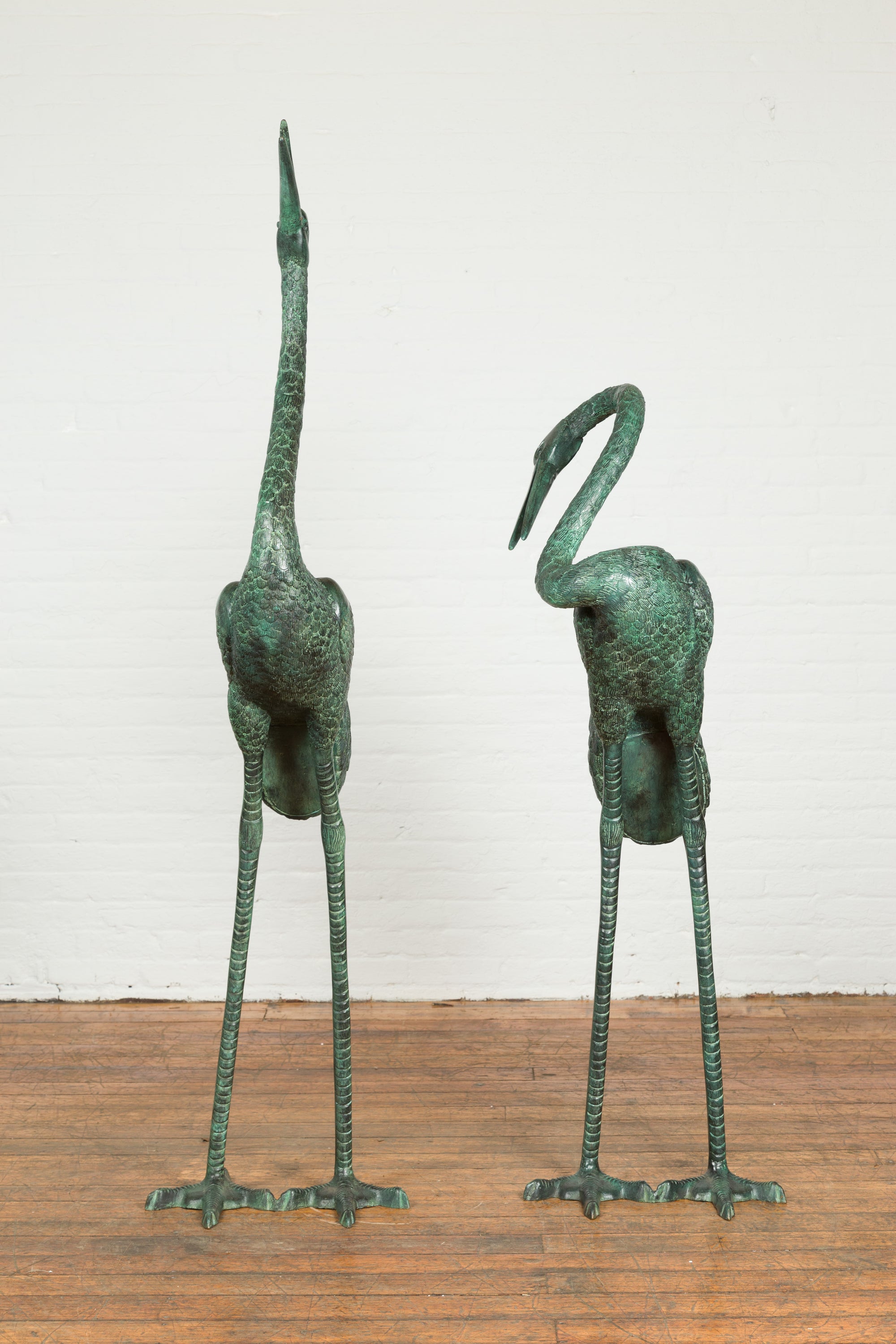 Pair of Dark Green Bronze Crane Fountain Statues-4. Asian & Chinese Furniture, Art, Antiques, Vintage Home Décor for sale at FEA Home