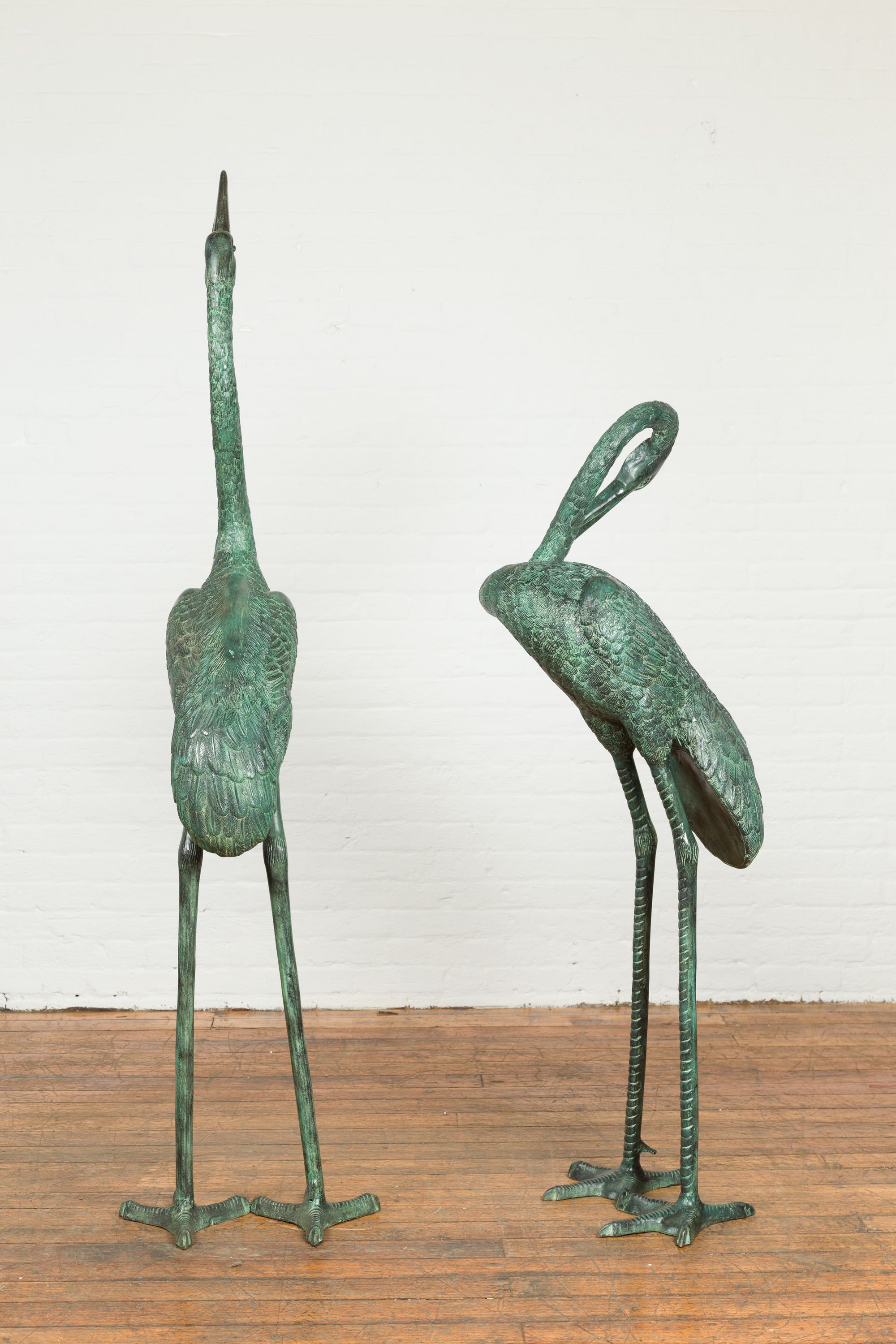 Pair of Dark Green Bronze Crane Fountain Statues-6. Asian & Chinese Furniture, Art, Antiques, Vintage Home Décor for sale at FEA Home