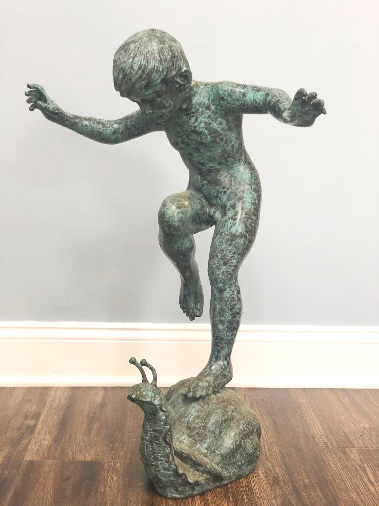 Boy Riding Snail Bronze Garden Statue-6. Asian & Chinese Furniture, Art, Antiques, Vintage Home Décor for sale at FEA Home