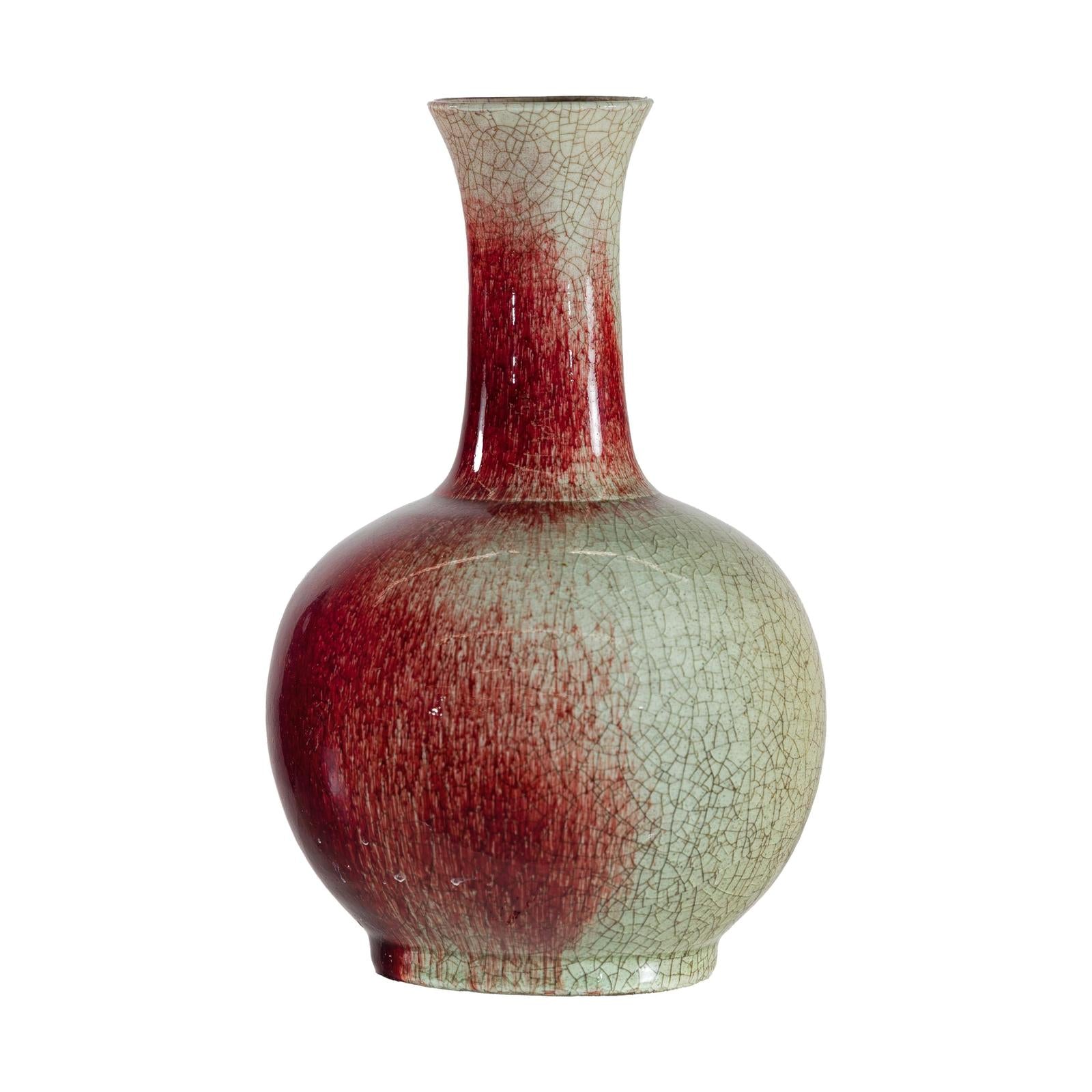 Vintage Red and Green Ceramic Vase with Crackled Glaze and Narrow Neck