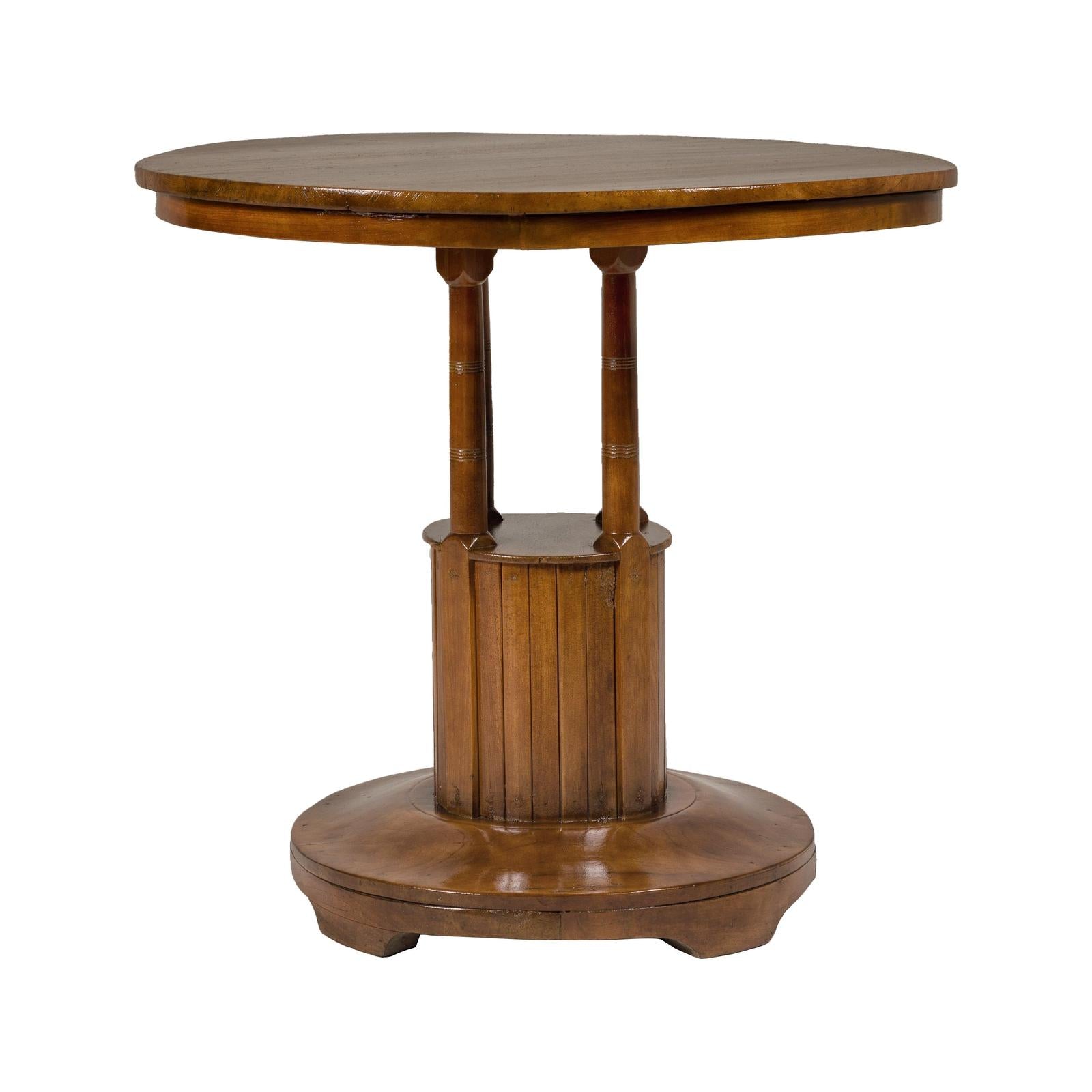 Midcentury Round Top Side Table with Column Supports and Tambour Base