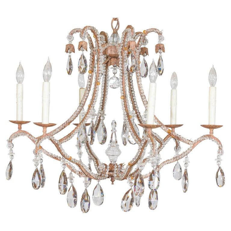Six-Light Crystal Chandelier with Scrolling Patinated Iron Arms, USA Wired