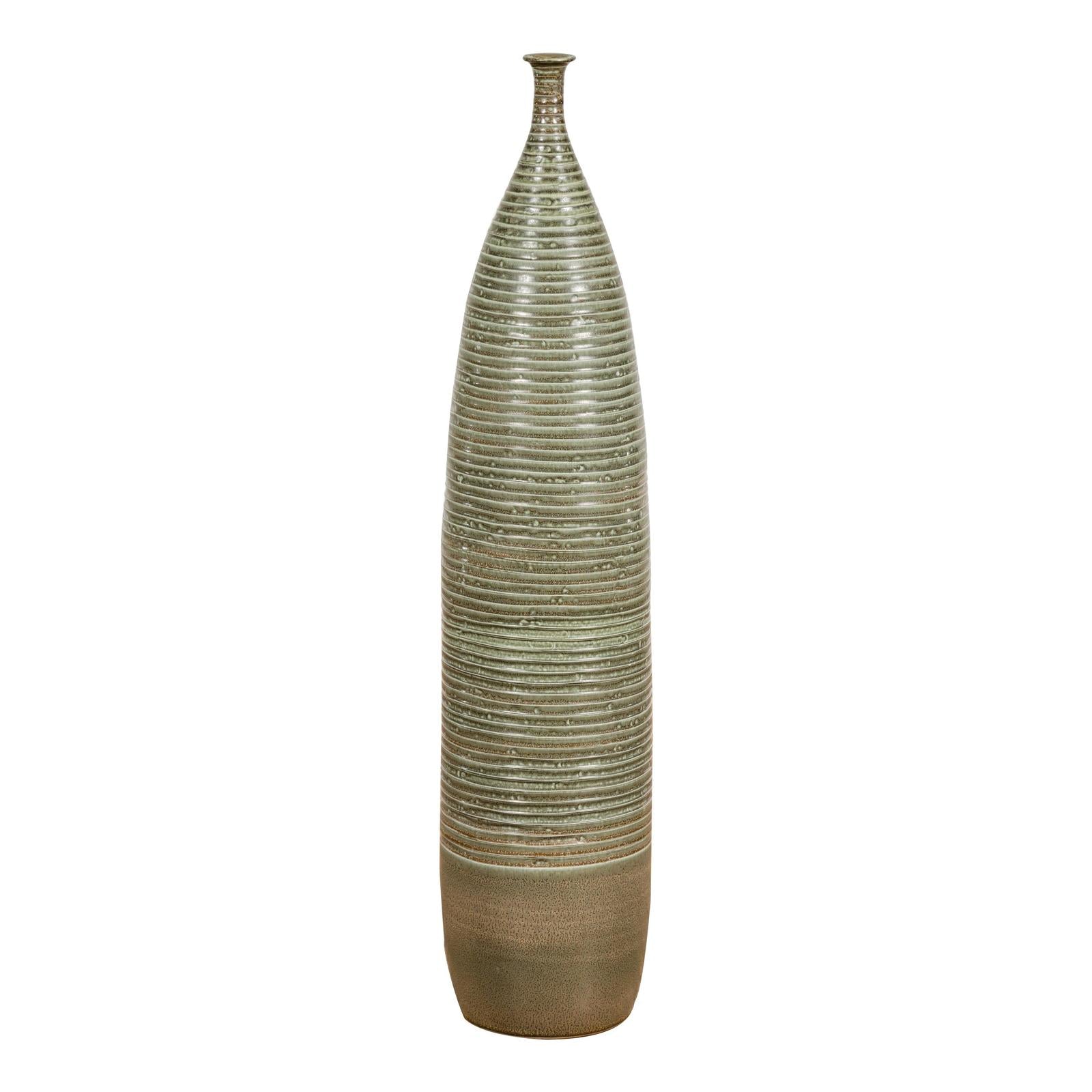 Tall & Slender Green Glazed Ceramic Vase