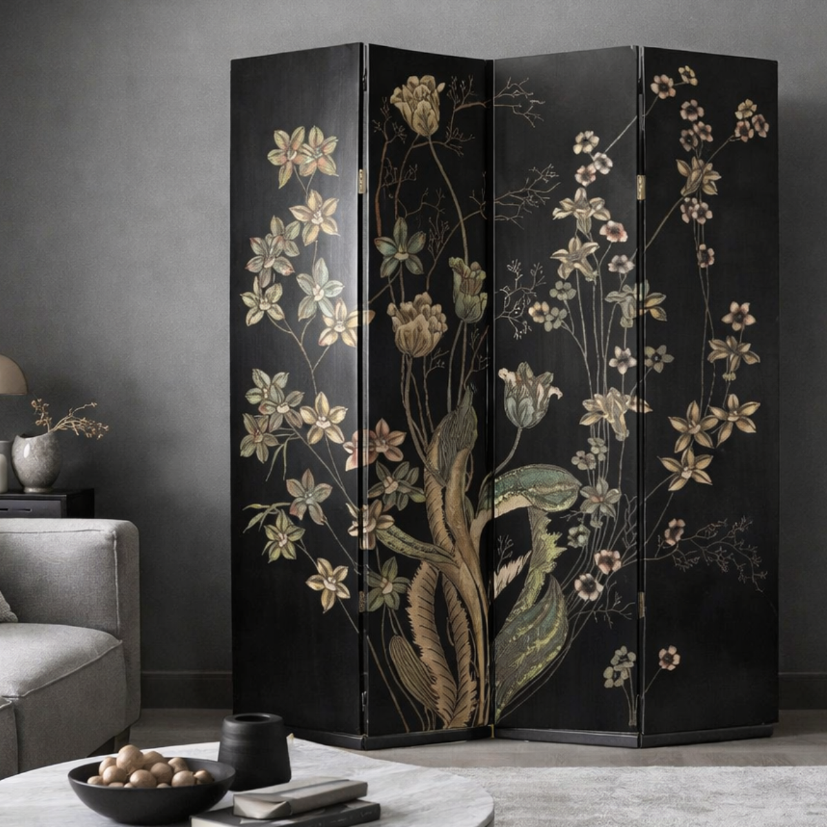 衝立楢簾　１枚式屏風シンプル高級楢無垢ダエン簾使用ブラックフレーム衝立 Four-Panel Black Folding Screen with Floral Design | FEA Home