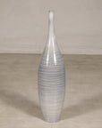Gray ceramic bottle vase with horizontal spiral incising and modern glaze.