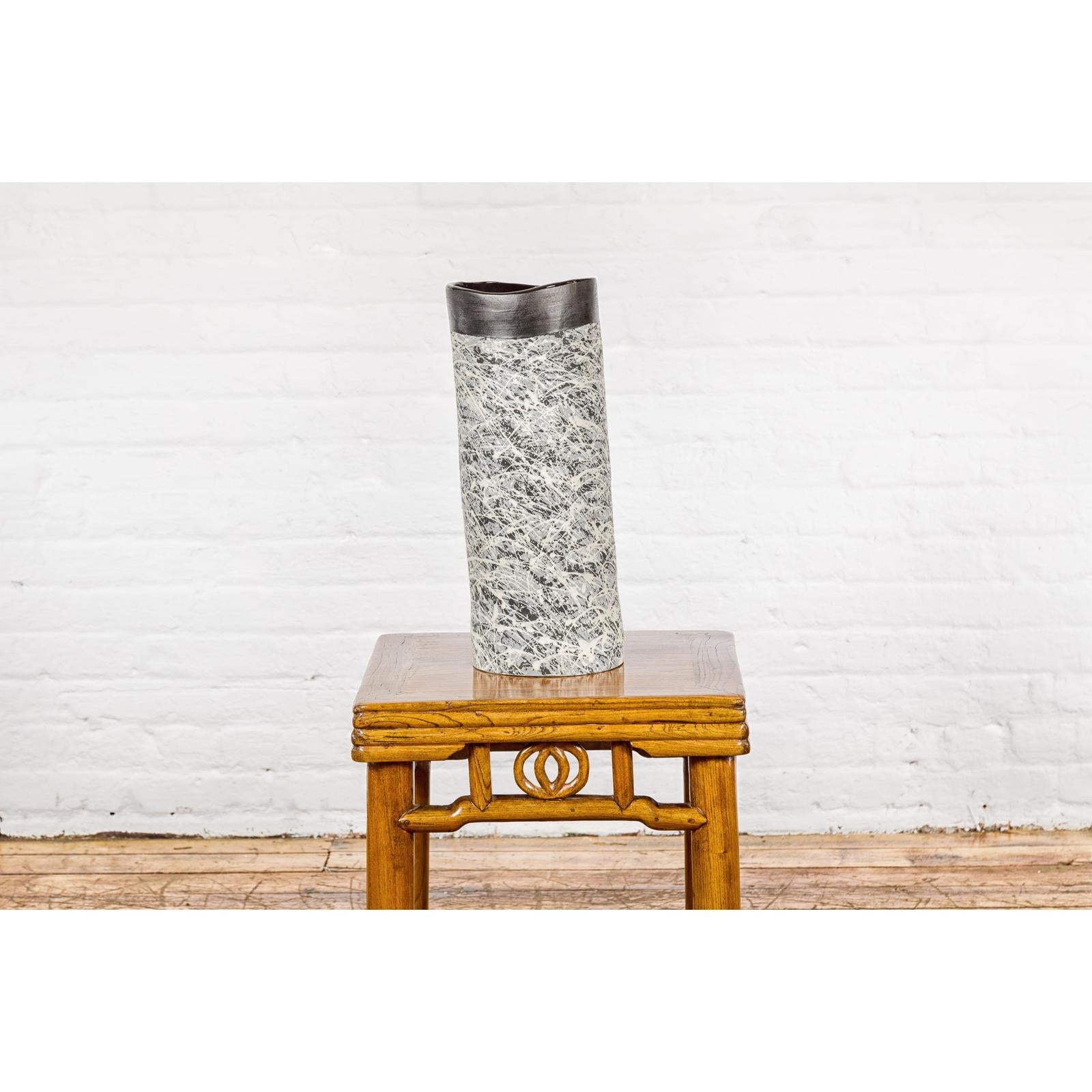 Textured Black, Gray and Black Spattered Ceramic Vase
