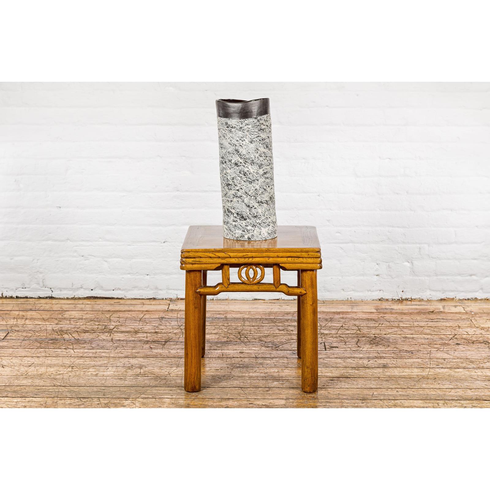 Textured Black, Gray and Black Spattered Ceramic Vase