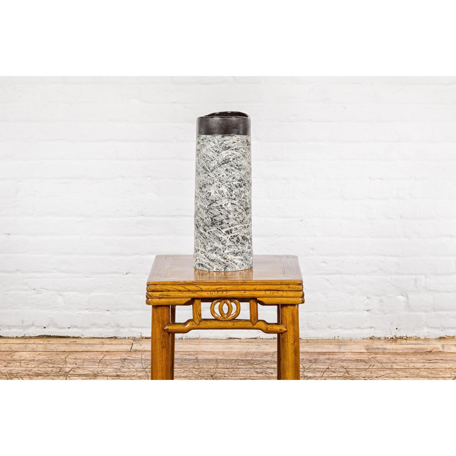 Textured Black, Gray and Black Spattered Ceramic Vase