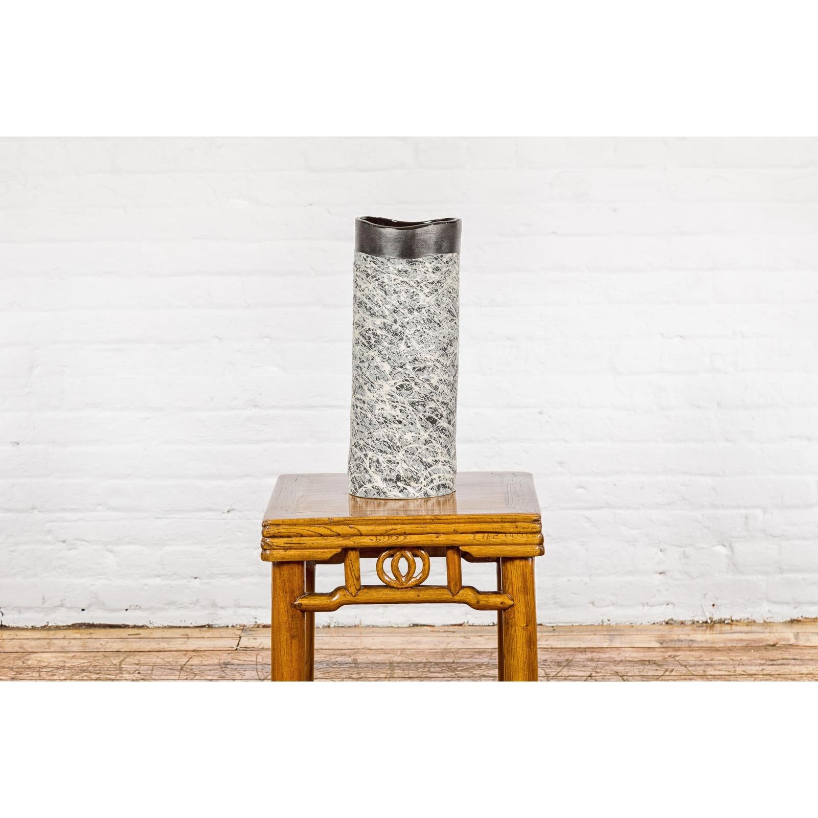 Textured Black, Gray and Black Spattered Ceramic Vase