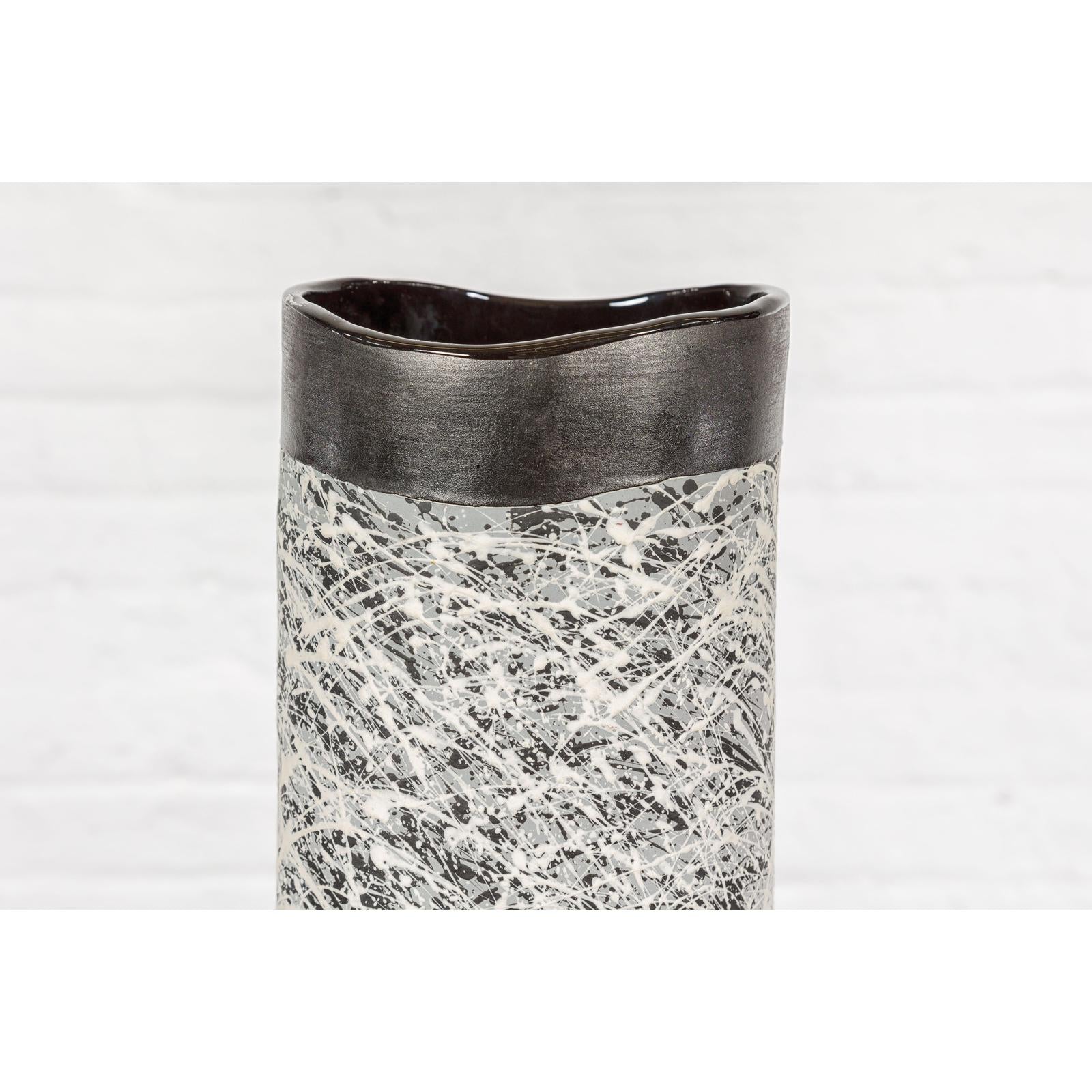Textured Black, Gray and Black Spattered Ceramic Vase