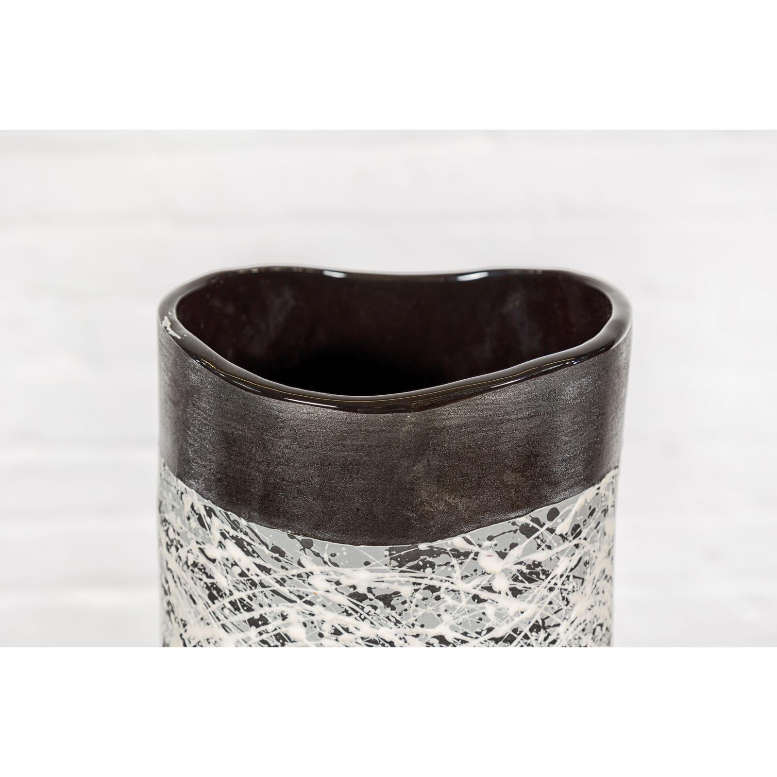 Textured Black, Gray and Black Spattered Ceramic Vase