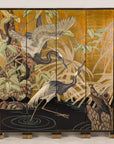 Gold-tone painted wood four-panel Chinese screen featuring cranes in traditional style, full front view.