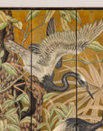 Close-up of crane and foliage on the painted screen