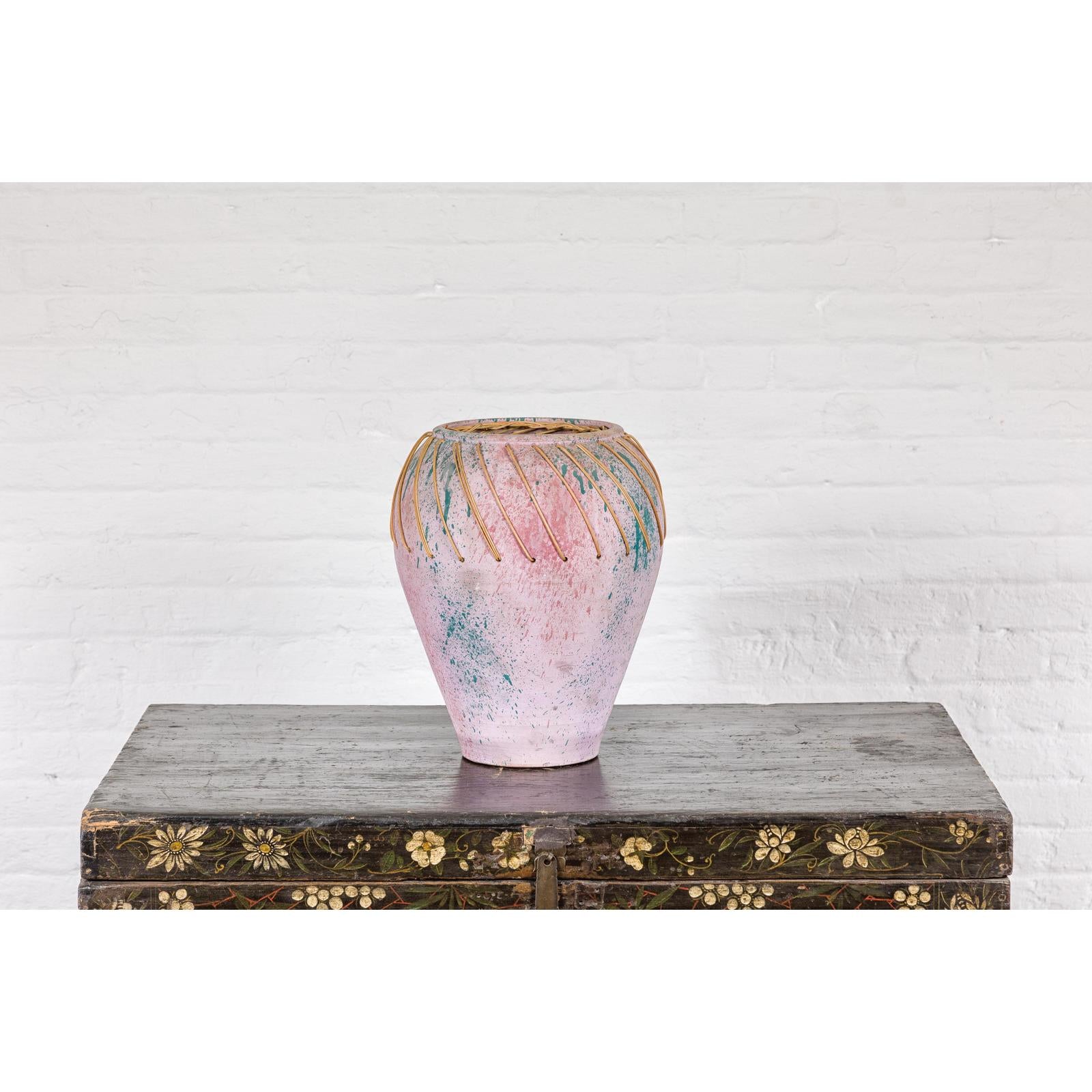 Hand-Crafted American Artists Collection Pink Pastel Vase with Weaving