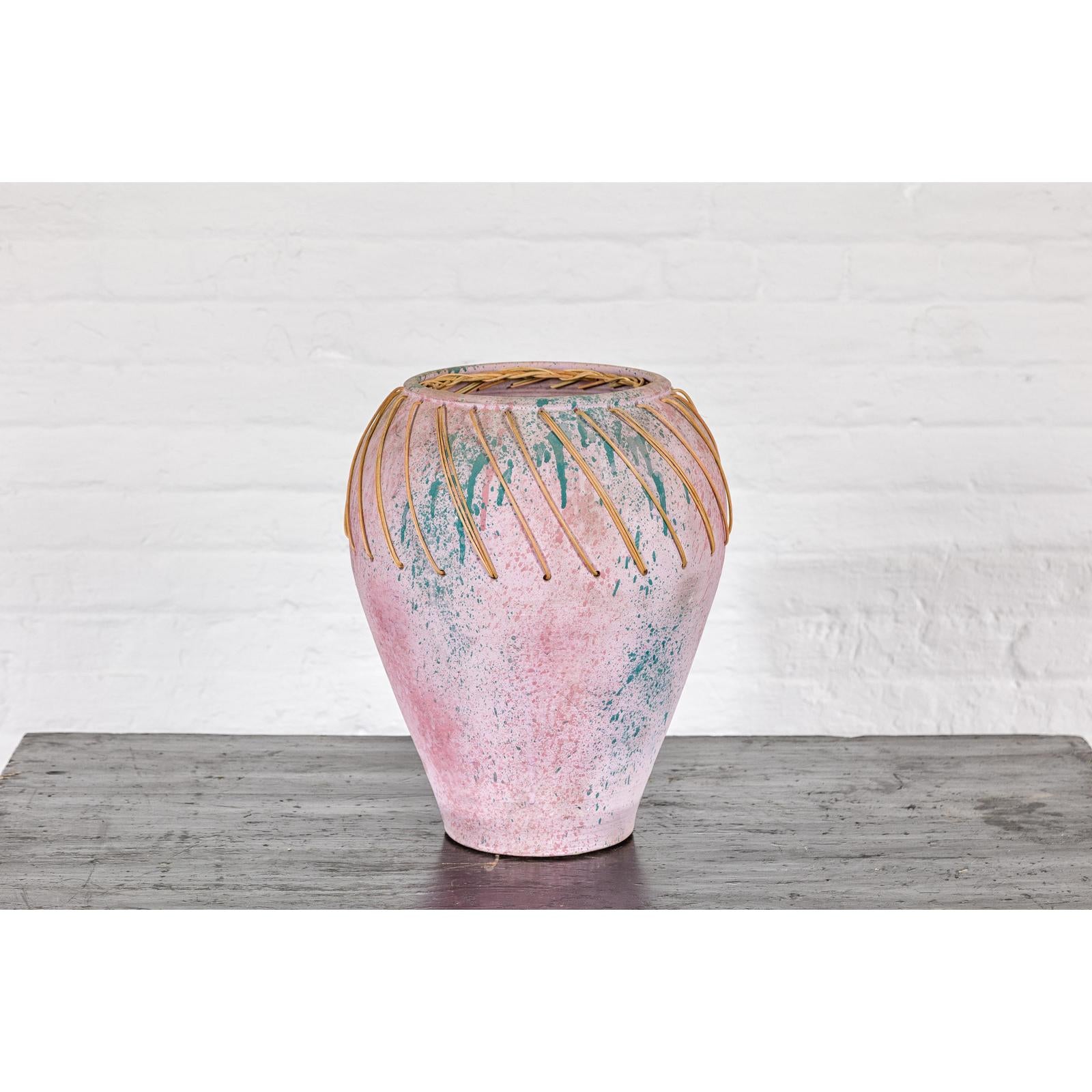Hand-Crafted American Artists Collection Pink Pastel Vase with Weaving
