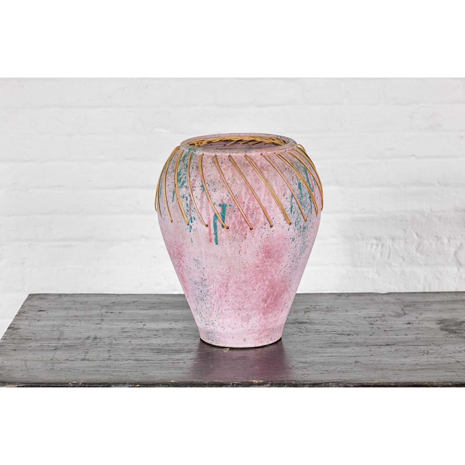 Hand-Crafted American Artists Collection Pink Pastel Vase with Weaving