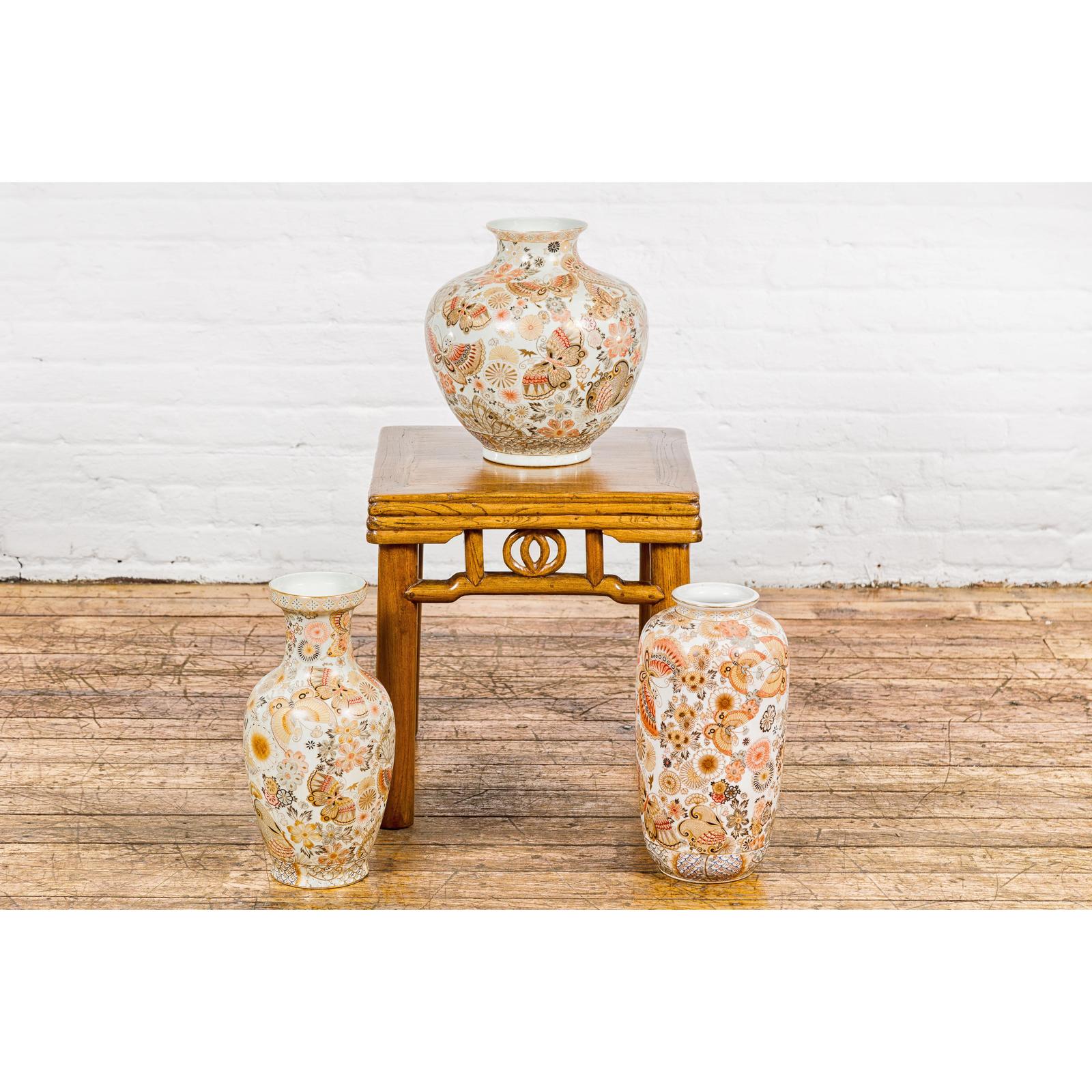 Kutani Style Vintage Vase with Flowers and Butterflies