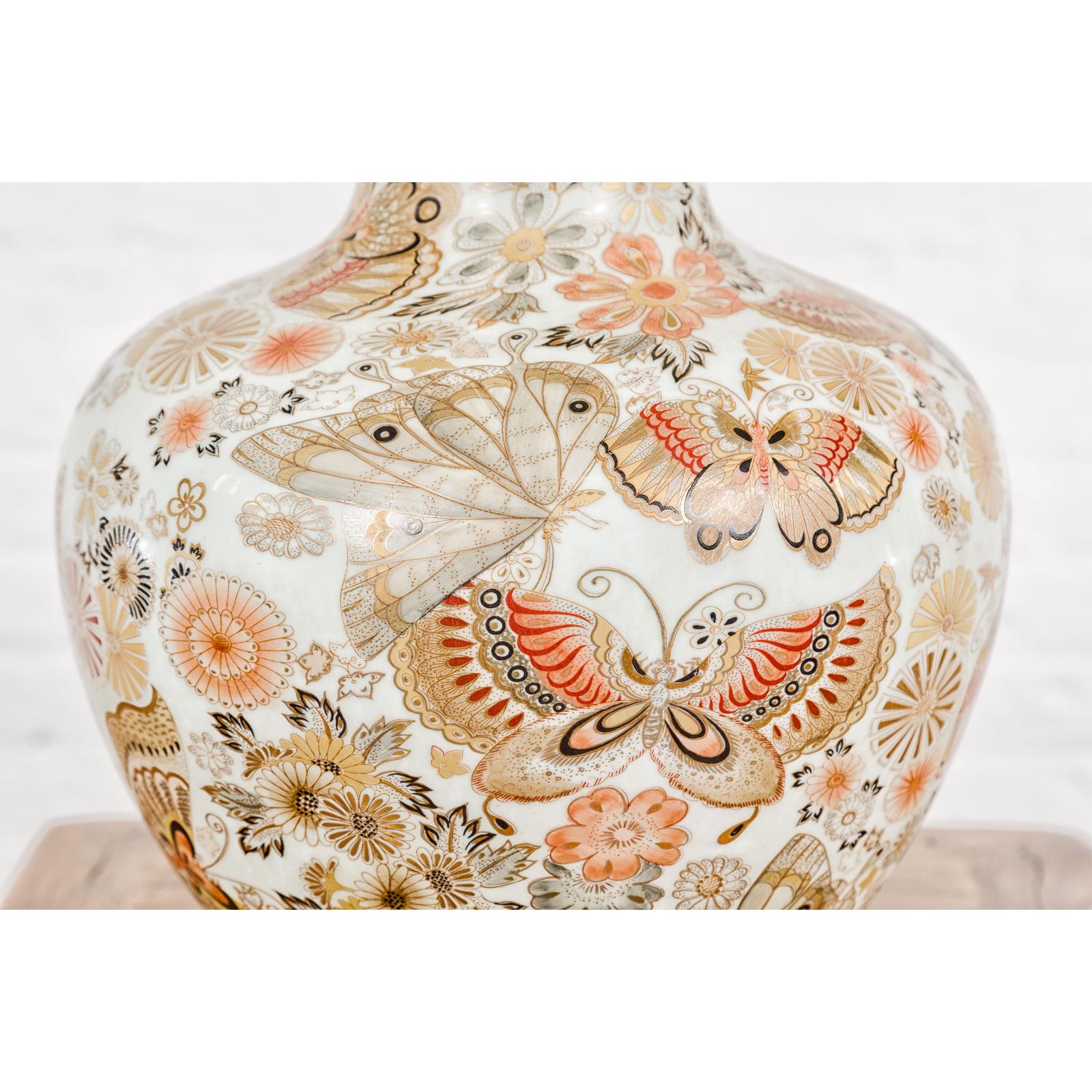 Kutani Style Vintage Vase with Flowers and Butterflies