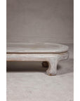 Teak Wood Vintage Whitewash Low Coffee table with Oval Top and Carved Legs