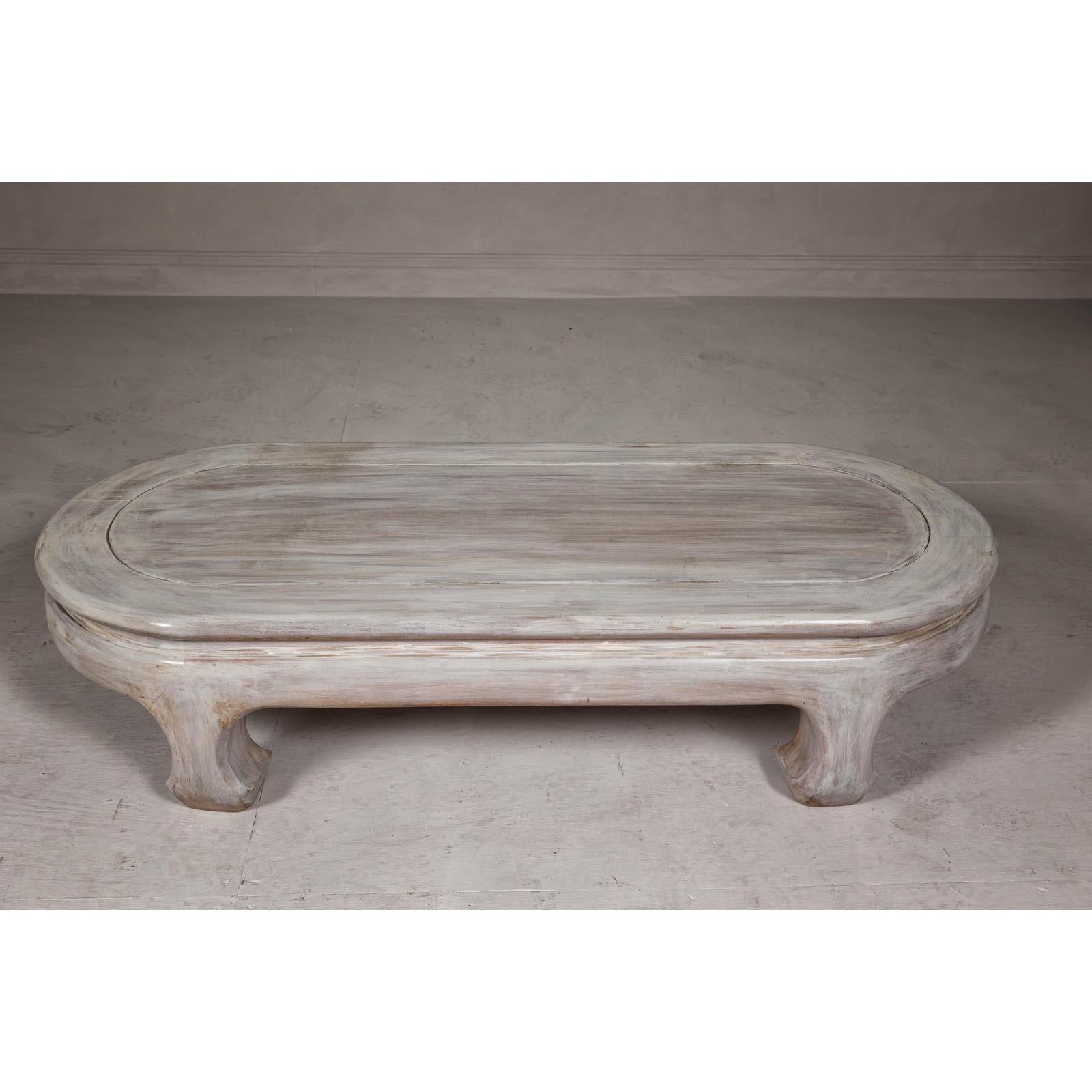 Teak Wood Vintage Whitewash Low Coffee table with Oval Top and Carved Legs