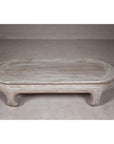 Teak Wood Vintage Whitewash Low Coffee table with Oval Top and Carved Legs
