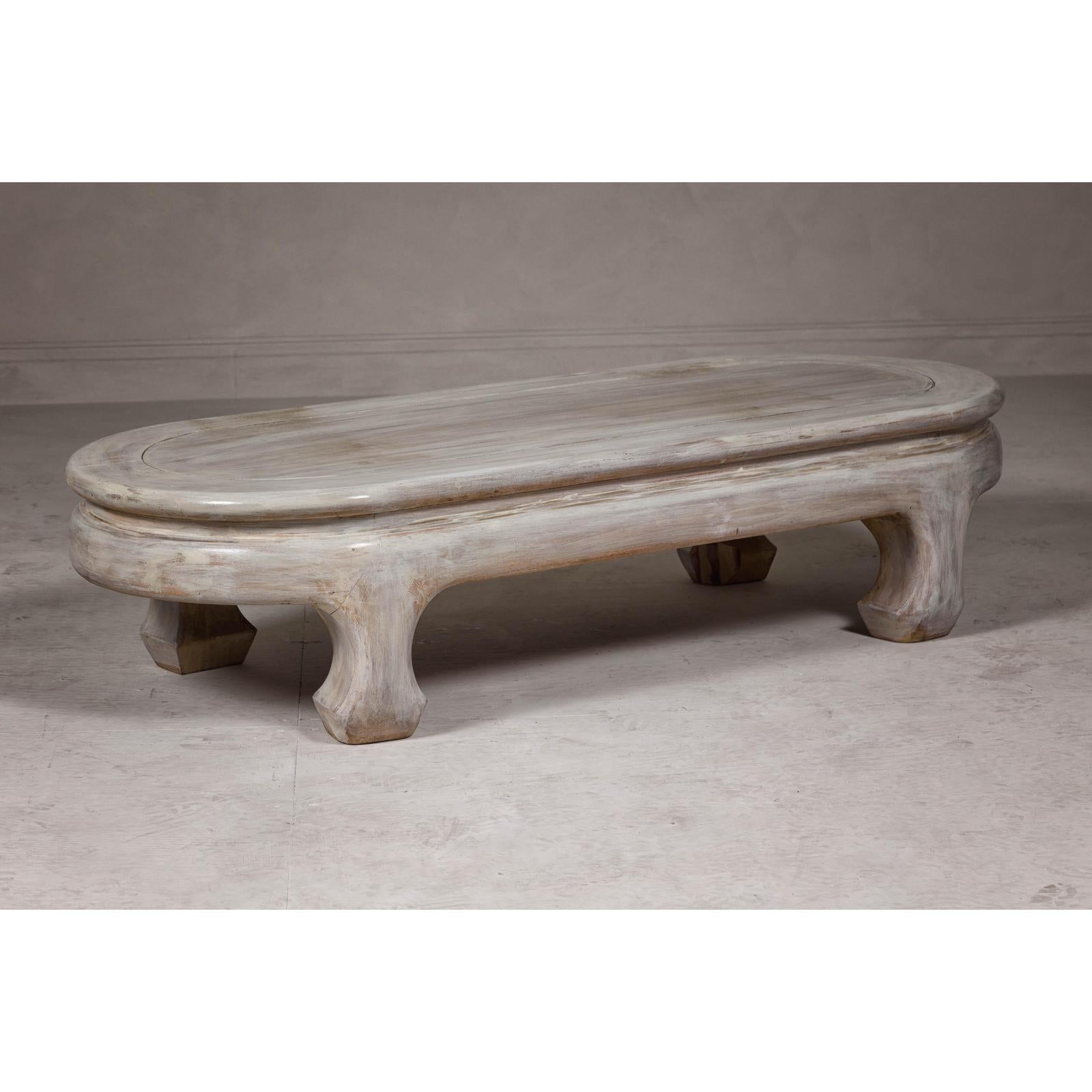 Teak Wood Vintage Whitewash Low Coffee table with Oval Top and Carved Legs