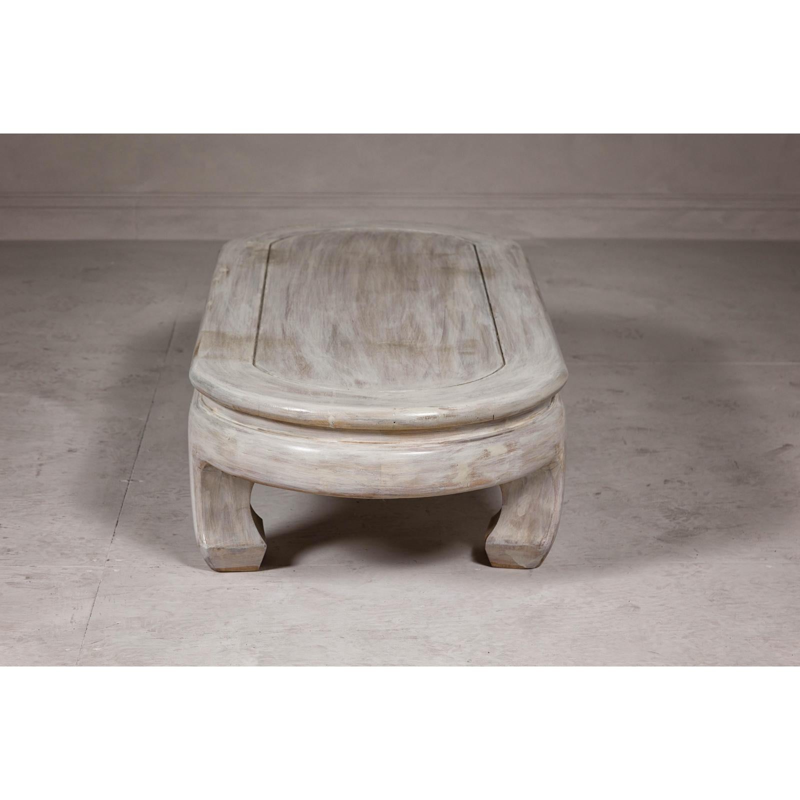 Teak Wood Vintage Whitewash Low Coffee table with Oval Top and Carved Legs