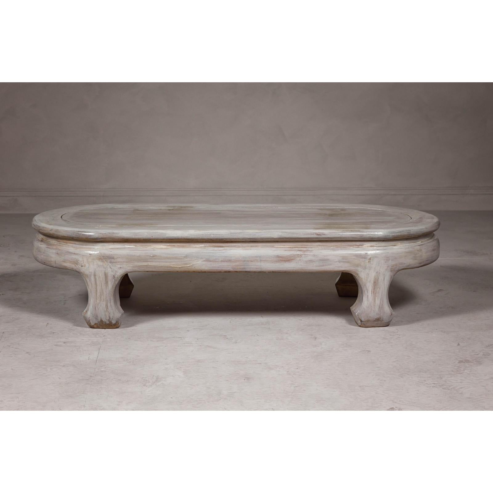 Teak Wood Vintage Whitewash Low Coffee table with Oval Top and Carved Legs