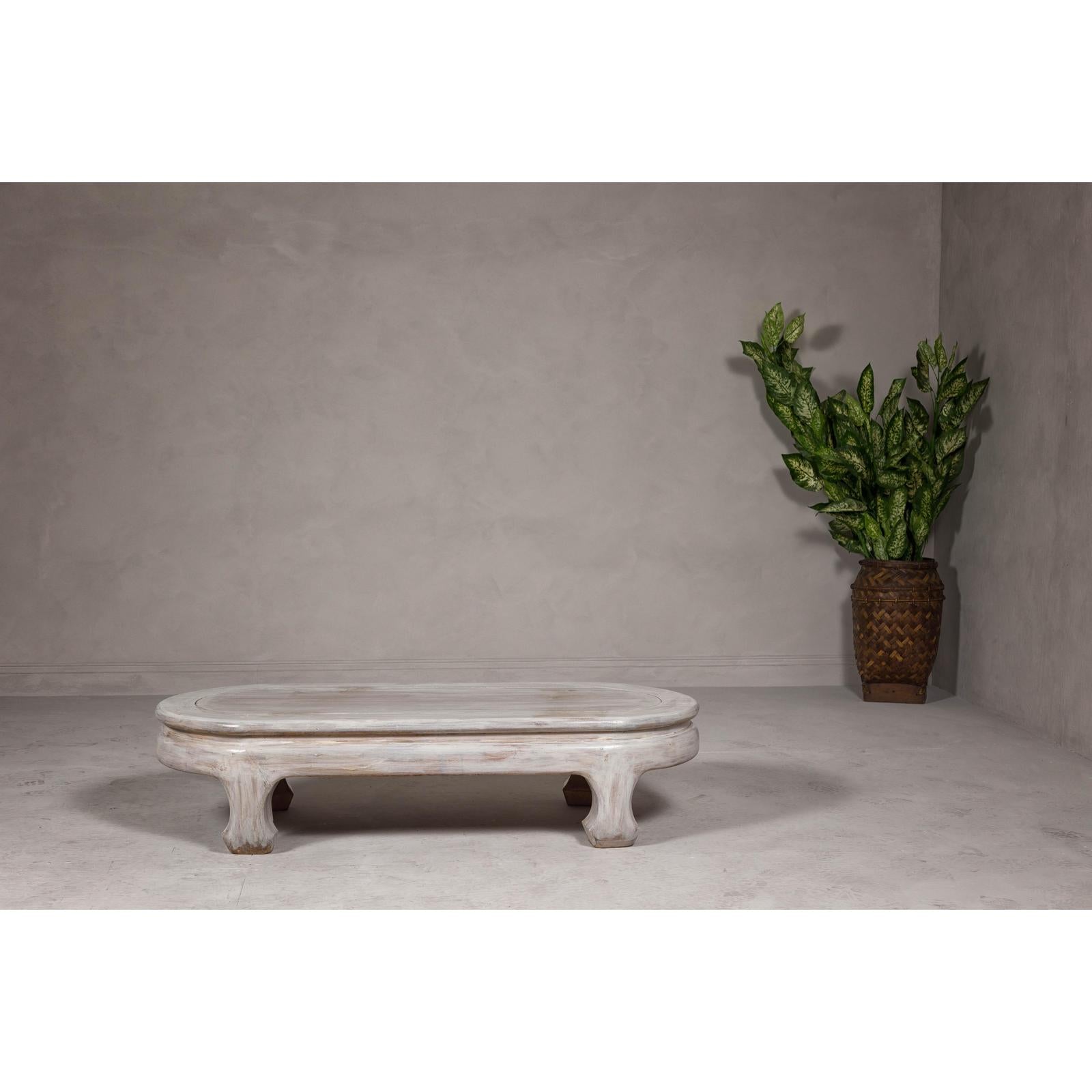 Teak Wood Vintage Whitewash Low Coffee table with Oval Top and Carved Legs