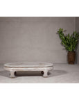 Teak Wood Vintage Whitewash Low Coffee table with Oval Top and Carved Legs