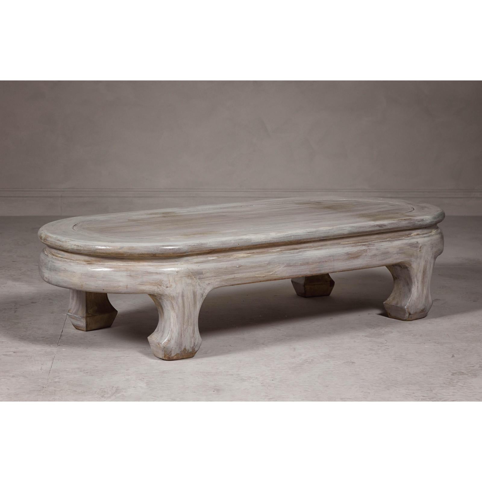 Teak Wood Vintage Whitewash Low Coffee table with Oval Top and Carved Legs