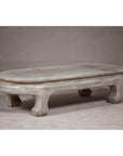 Teak Wood Vintage Whitewash Low Coffee table with Oval Top and Carved Legs