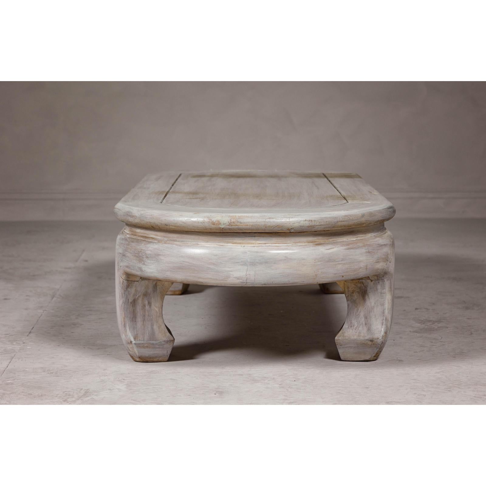 Teak Wood Vintage Whitewash Low Coffee table with Oval Top and Carved Legs