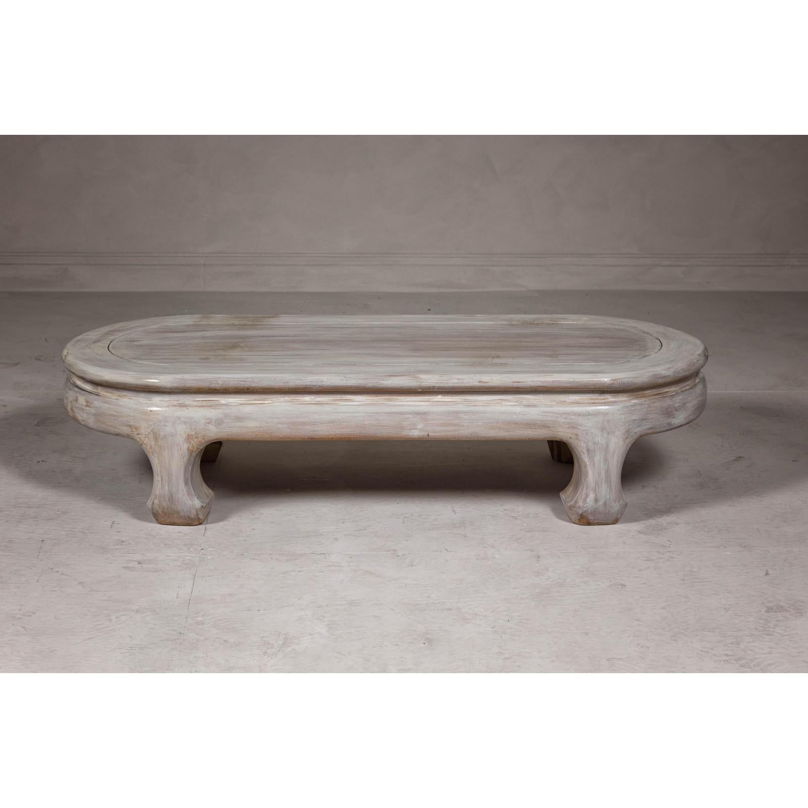 Teak Wood Vintage Whitewash Low Coffee table with Oval Top and Carved Legs