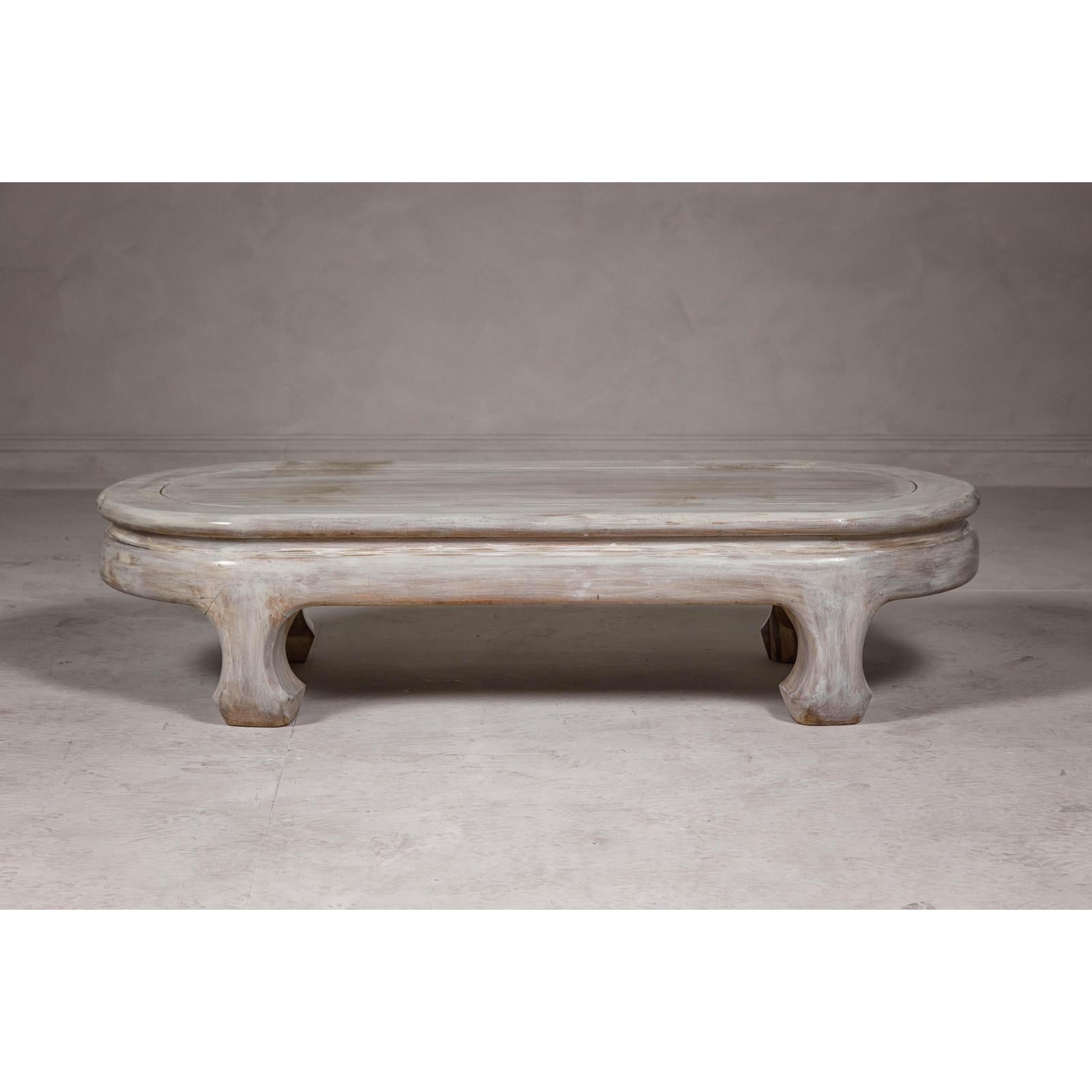 Teak Wood Vintage Whitewash Low Coffee table with Oval Top and Carved Legs