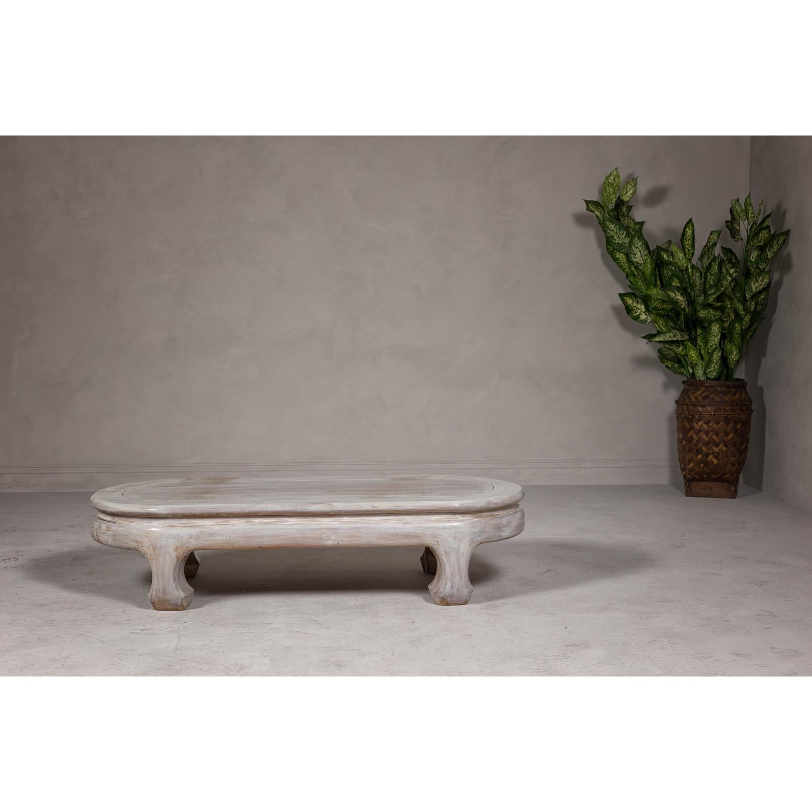 Teak Wood Vintage Whitewash Low Coffee table with Oval Top and Carved Legs