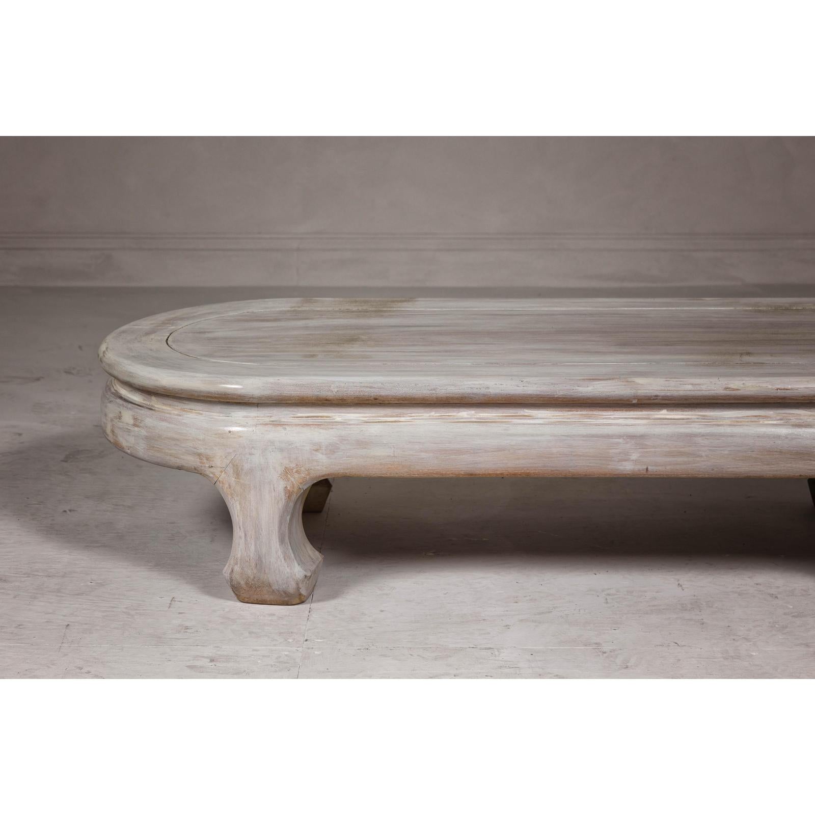 Teak Wood Vintage Whitewash Low Coffee table with Oval Top and Carved Legs