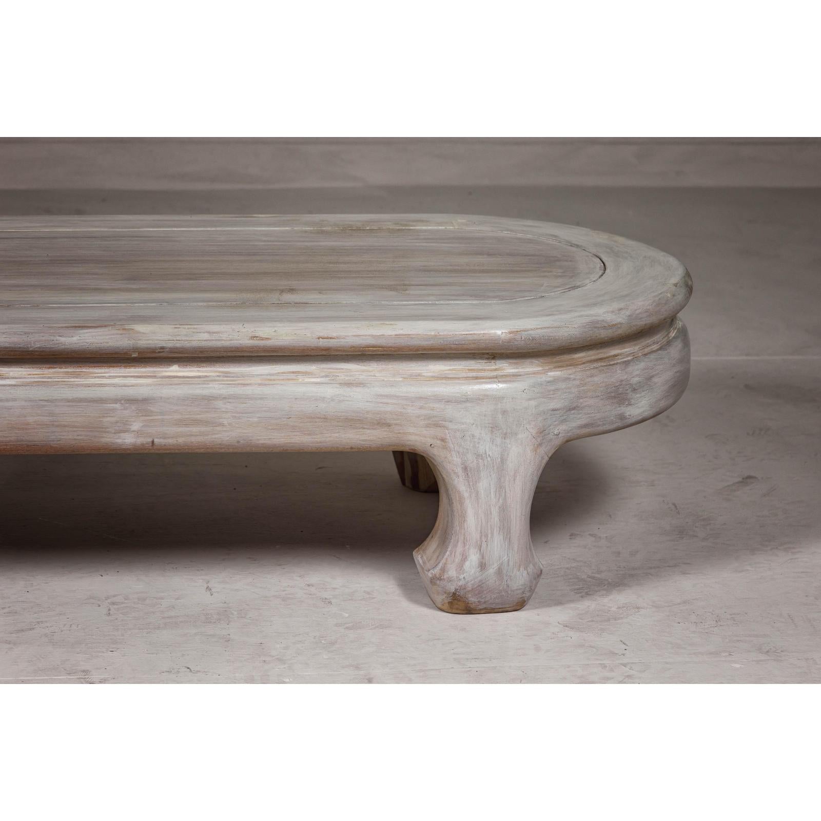 Teak Wood Vintage Whitewash Low Coffee table with Oval Top and Carved Legs
