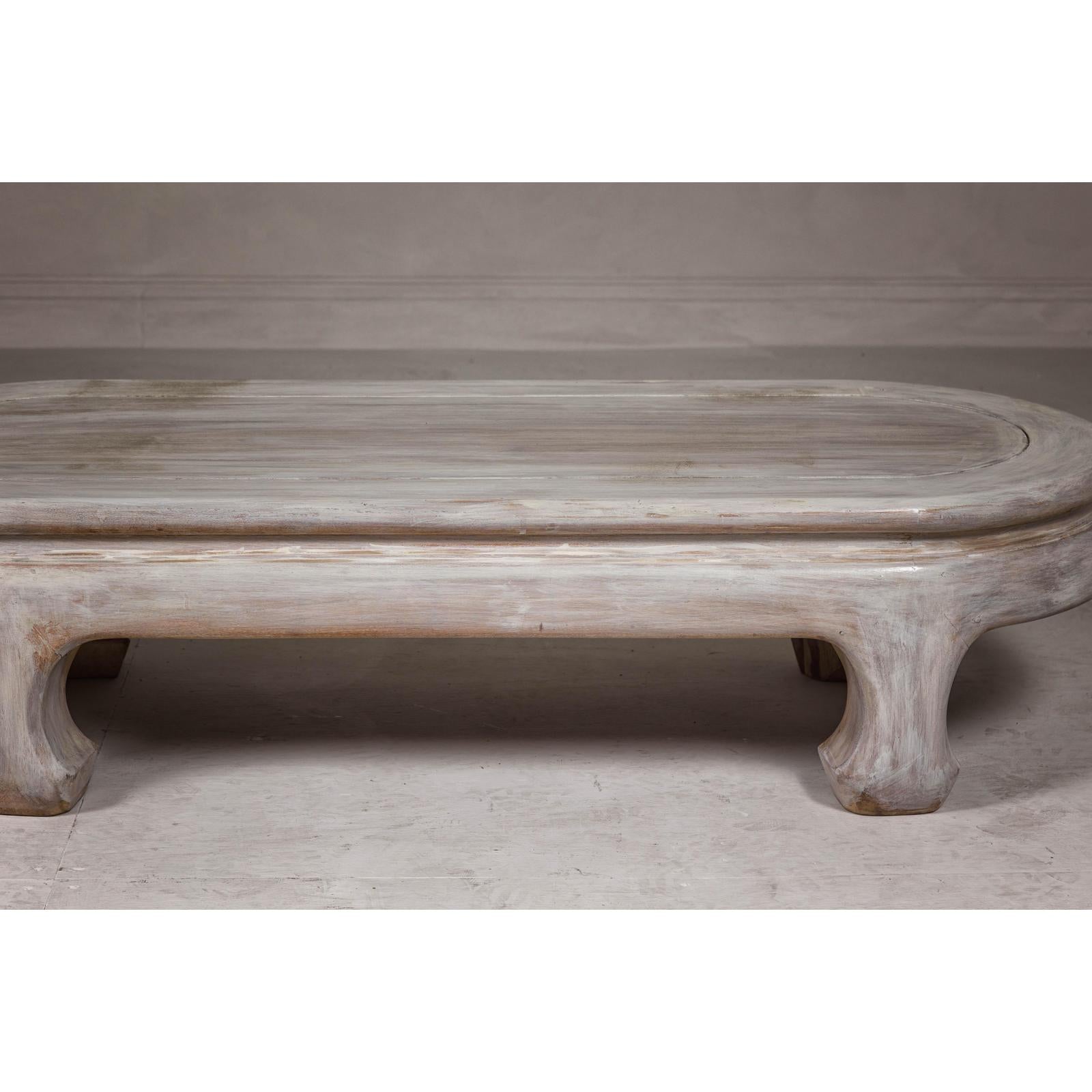 Teak Wood Vintage Whitewash Low Coffee table with Oval Top and Carved Legs