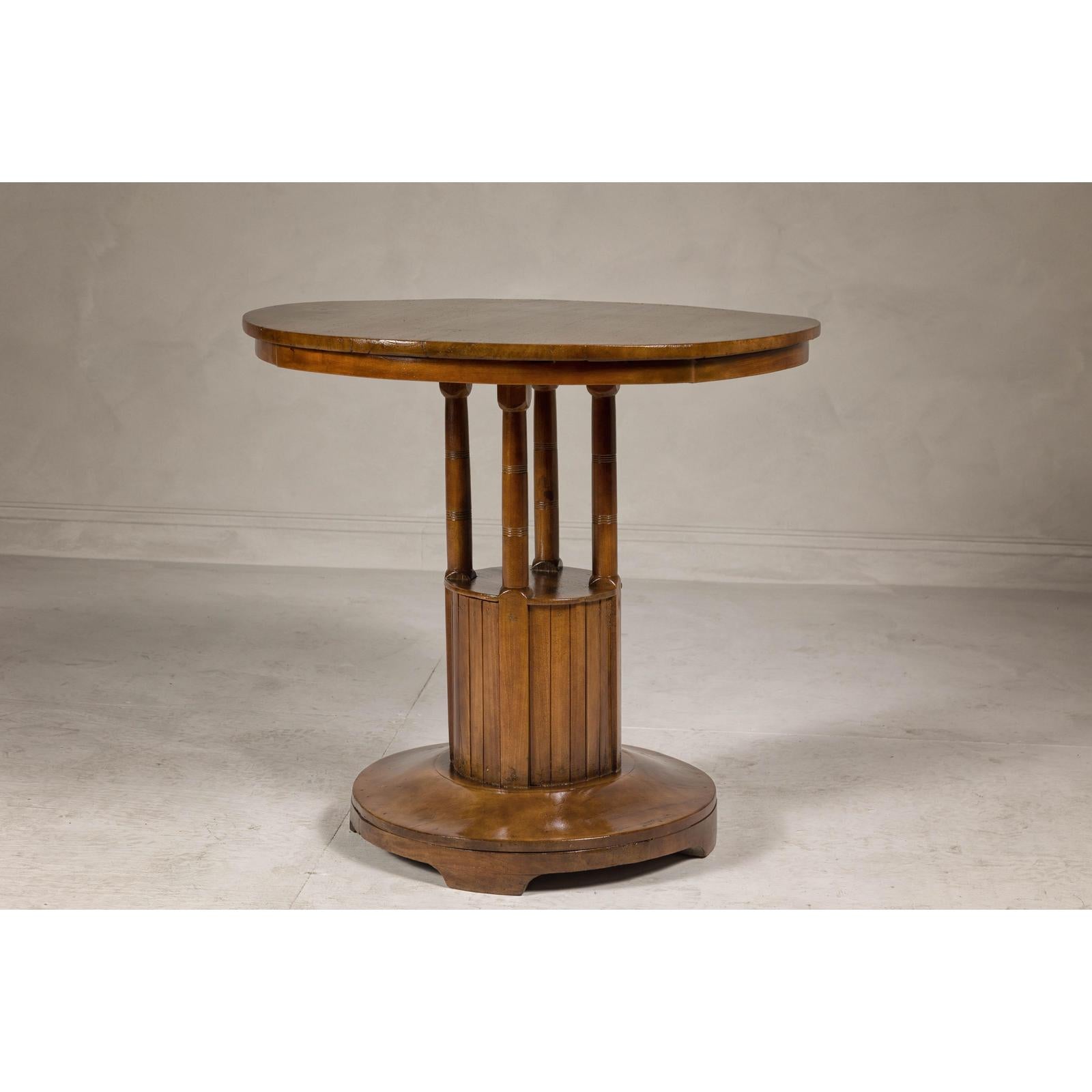 Midcentury Round Top Side Table with Column Supports and Tambour Base
