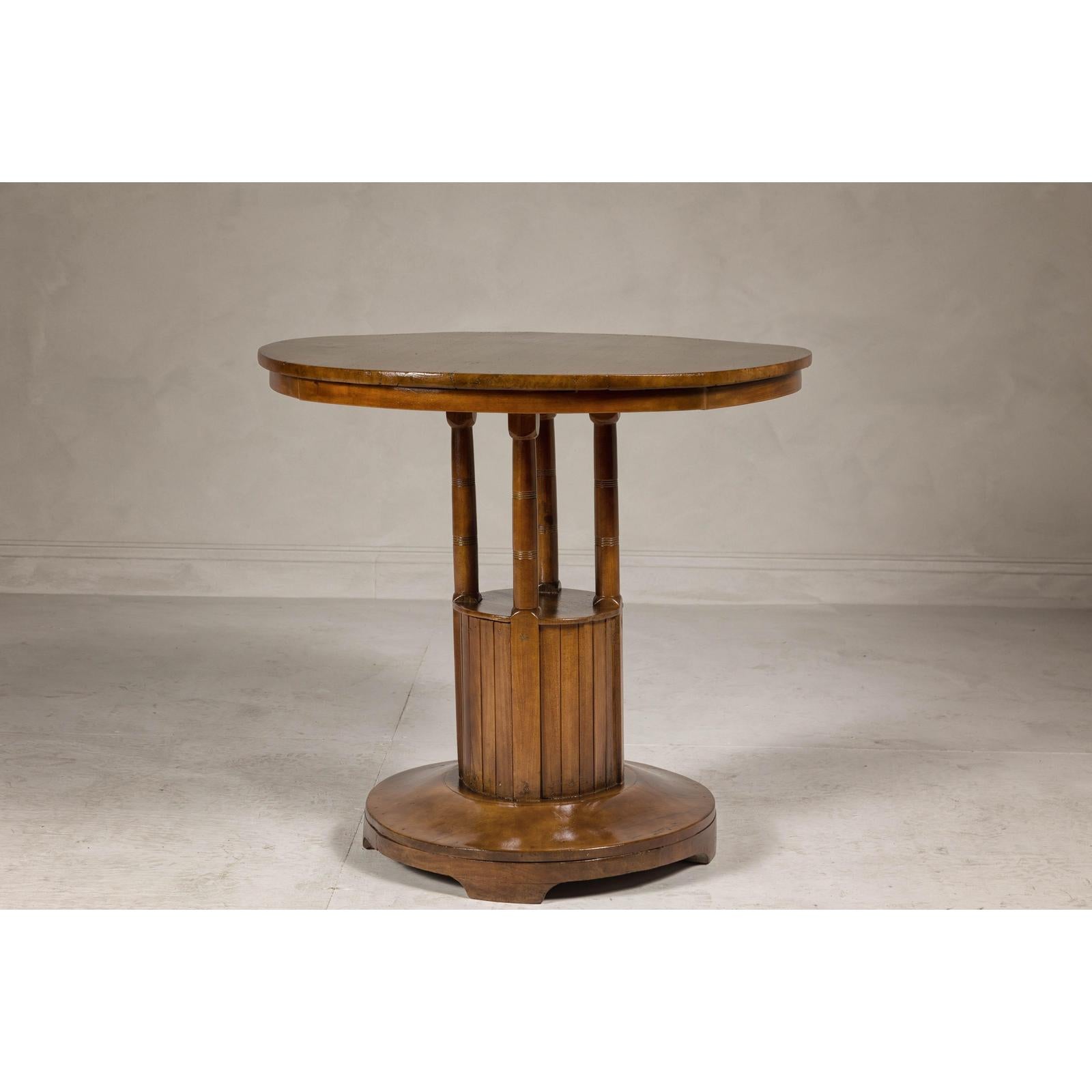 Midcentury Round Top Side Table with Column Supports and Tambour Base
