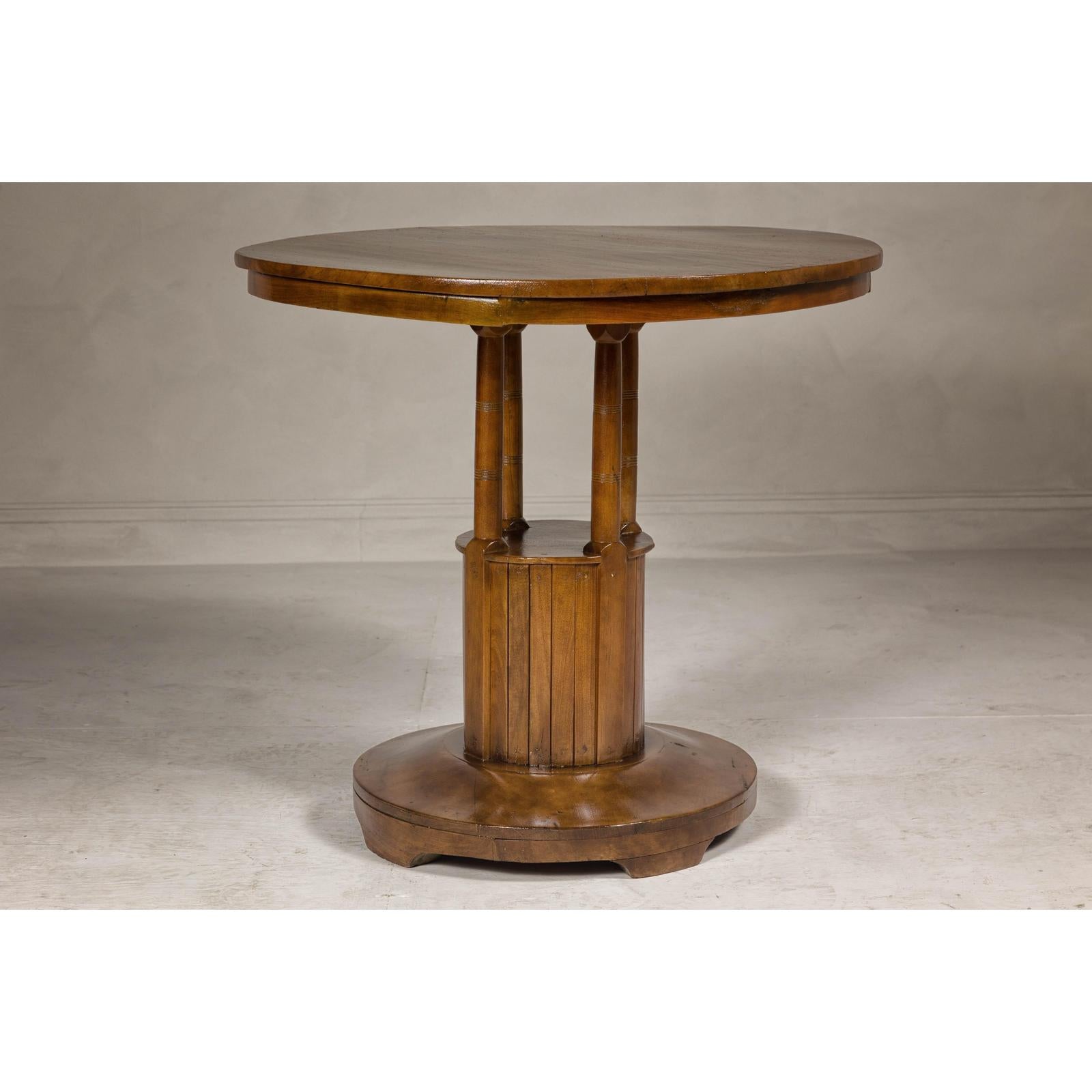 Midcentury Round Top Side Table with Column Supports and Tambour Base