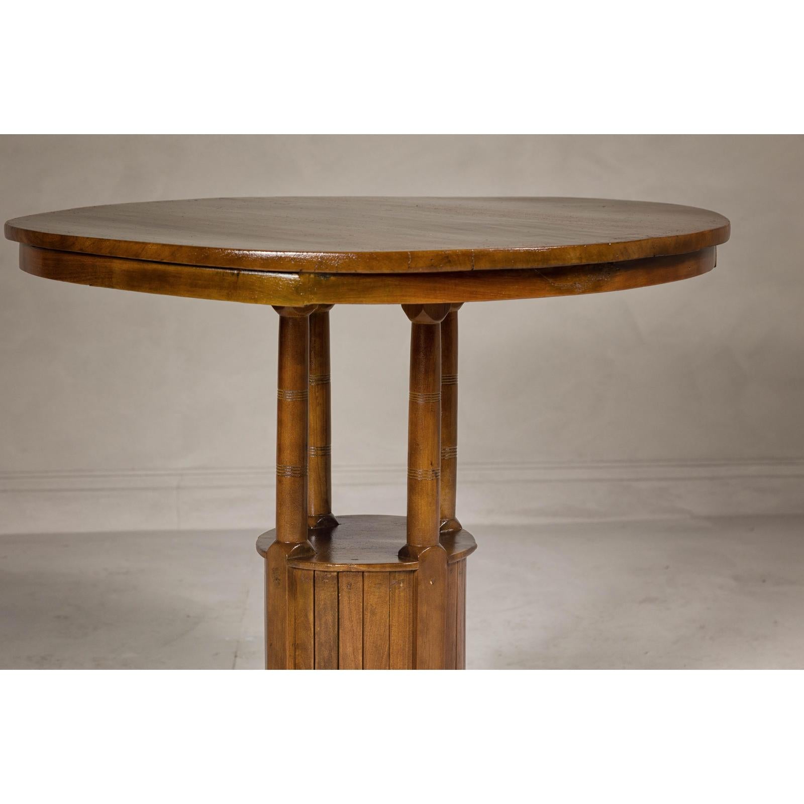 Midcentury Round Top Side Table with Column Supports and Tambour Base