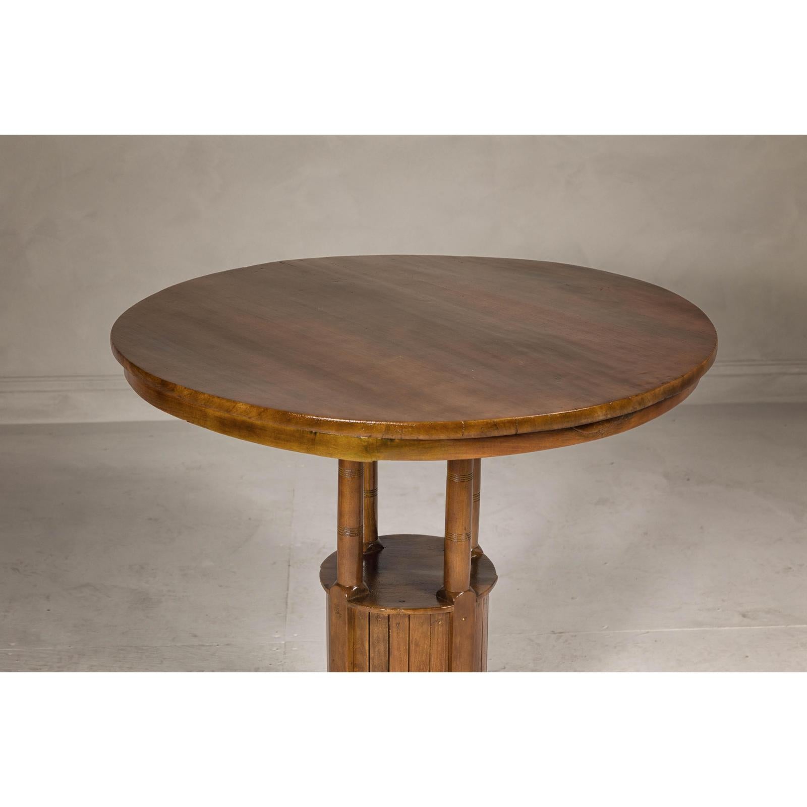 Midcentury Round Top Side Table with Column Supports and Tambour Base
