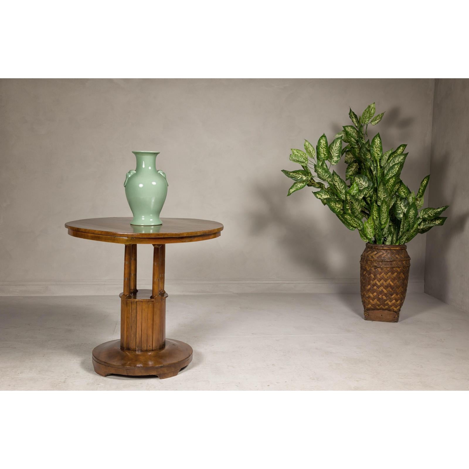 Midcentury Round Top Side Table with Column Supports and Tambour Base